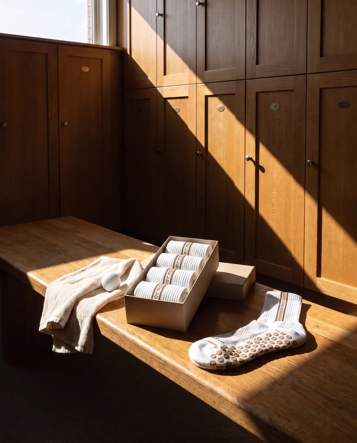 Suelo socks boxed on an oak bench in a locker room.
