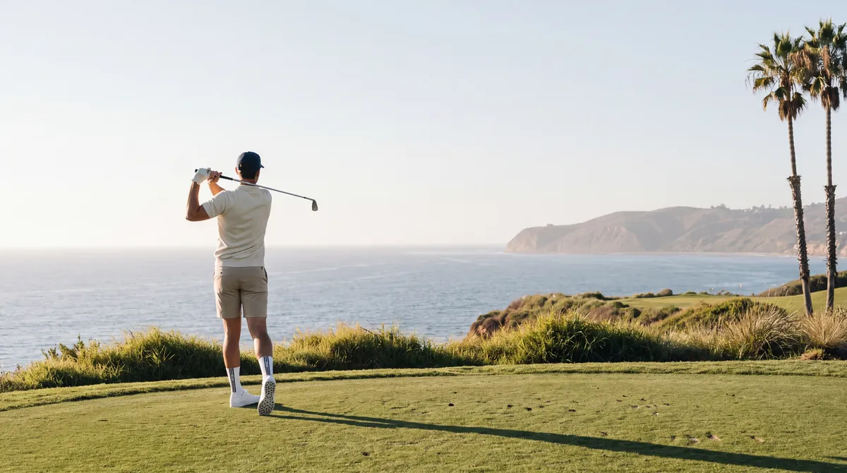 A golfer holds his finish on a clifftop tee above the Pacific at golden hour.