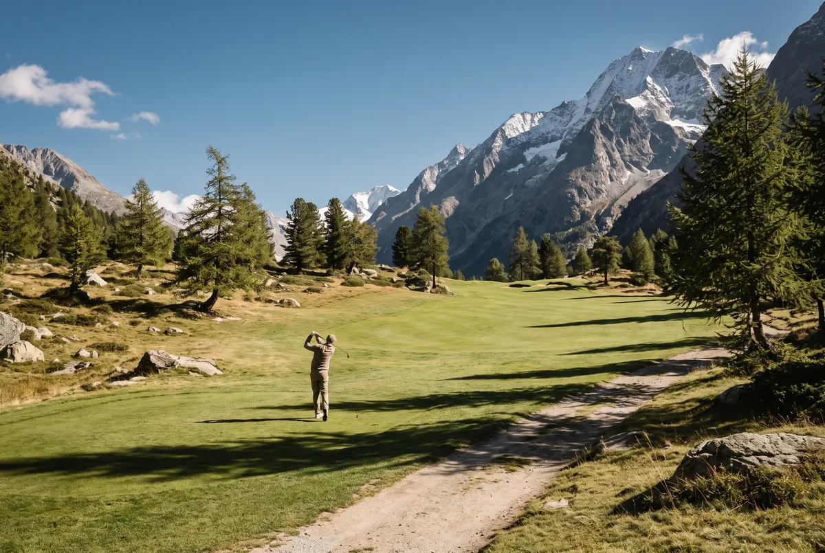 A mountain fairway beneath snow-dusted granite peaks.