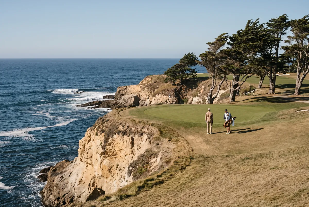 A green perched on a sandstone bluff above the Pacific.