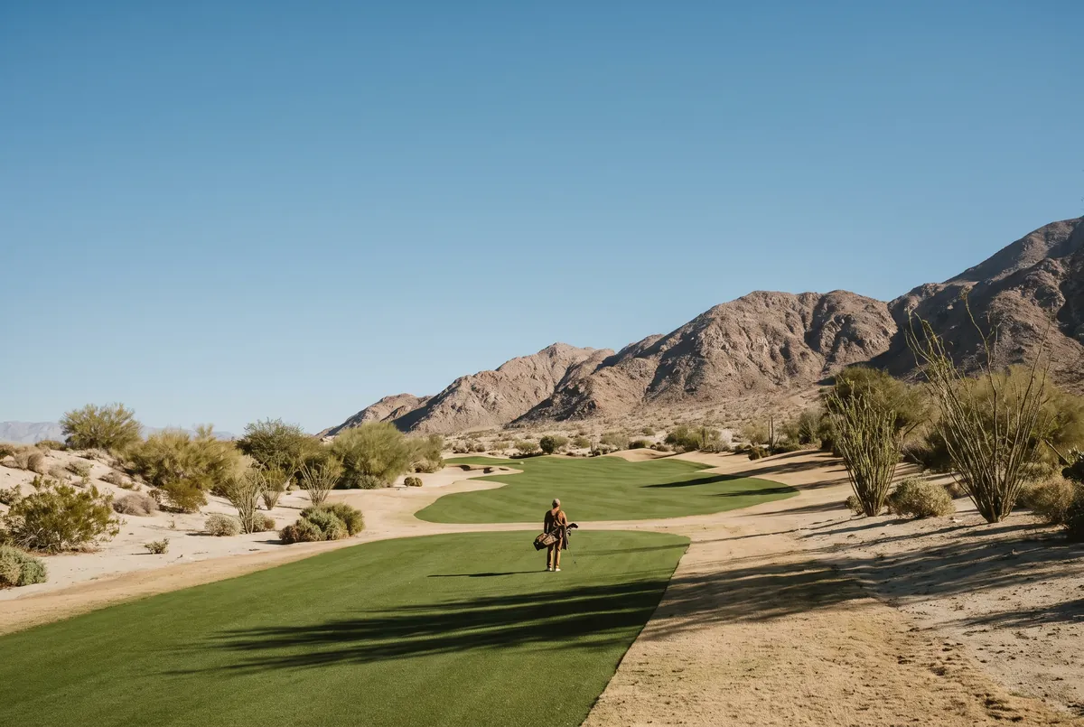 An emerald fairway through desert at the foot of bare mountains.