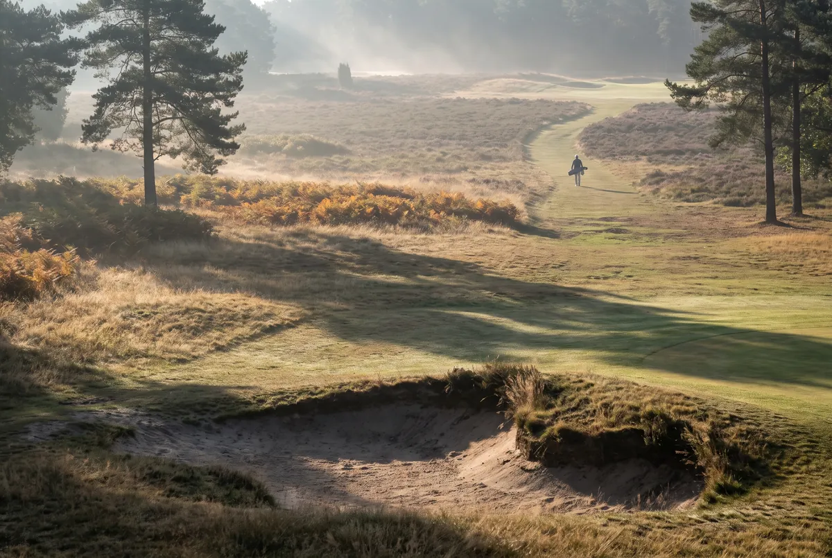 Heather, pine and a sandy bunker on a misty heathland course.