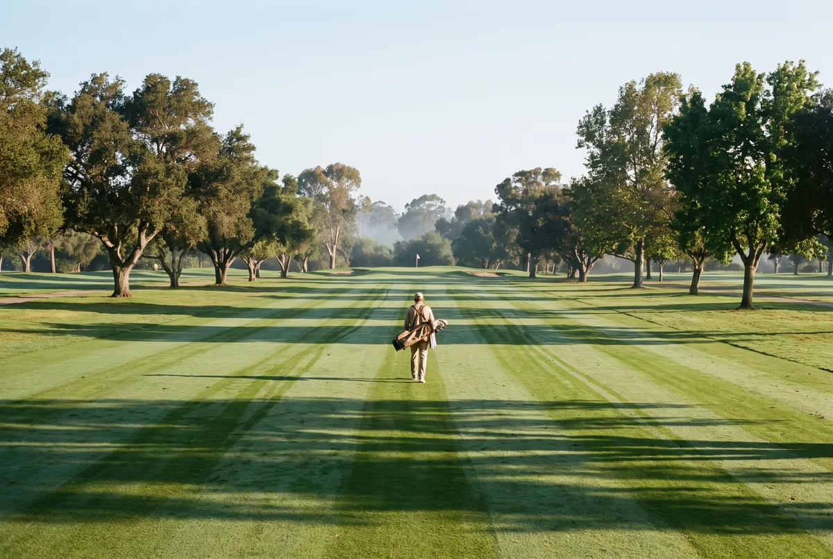 A striped parkland fairway between old oaks in morning light.