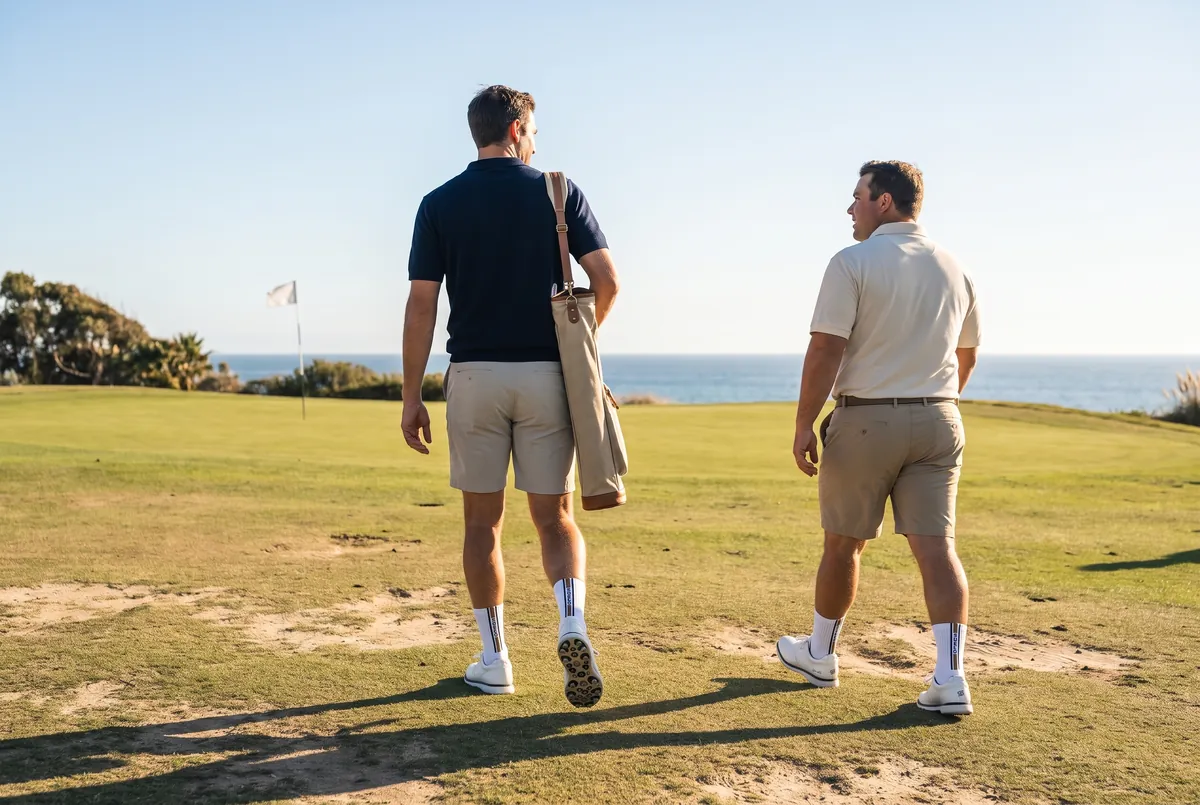 Two friends walk a sunlit coastal fairway, the stripes on the backs of their socks catching the light.